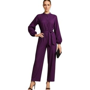 Elegant Purple Long Sleeve Belted Jumpsuit – Boutique Style, Size L